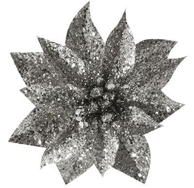 Kvet MagicHome Vianoce GlitterPoinsettia, so štipcom, strieborný, veľkosť kvetu: 9 cm, dĺžka kvetu: