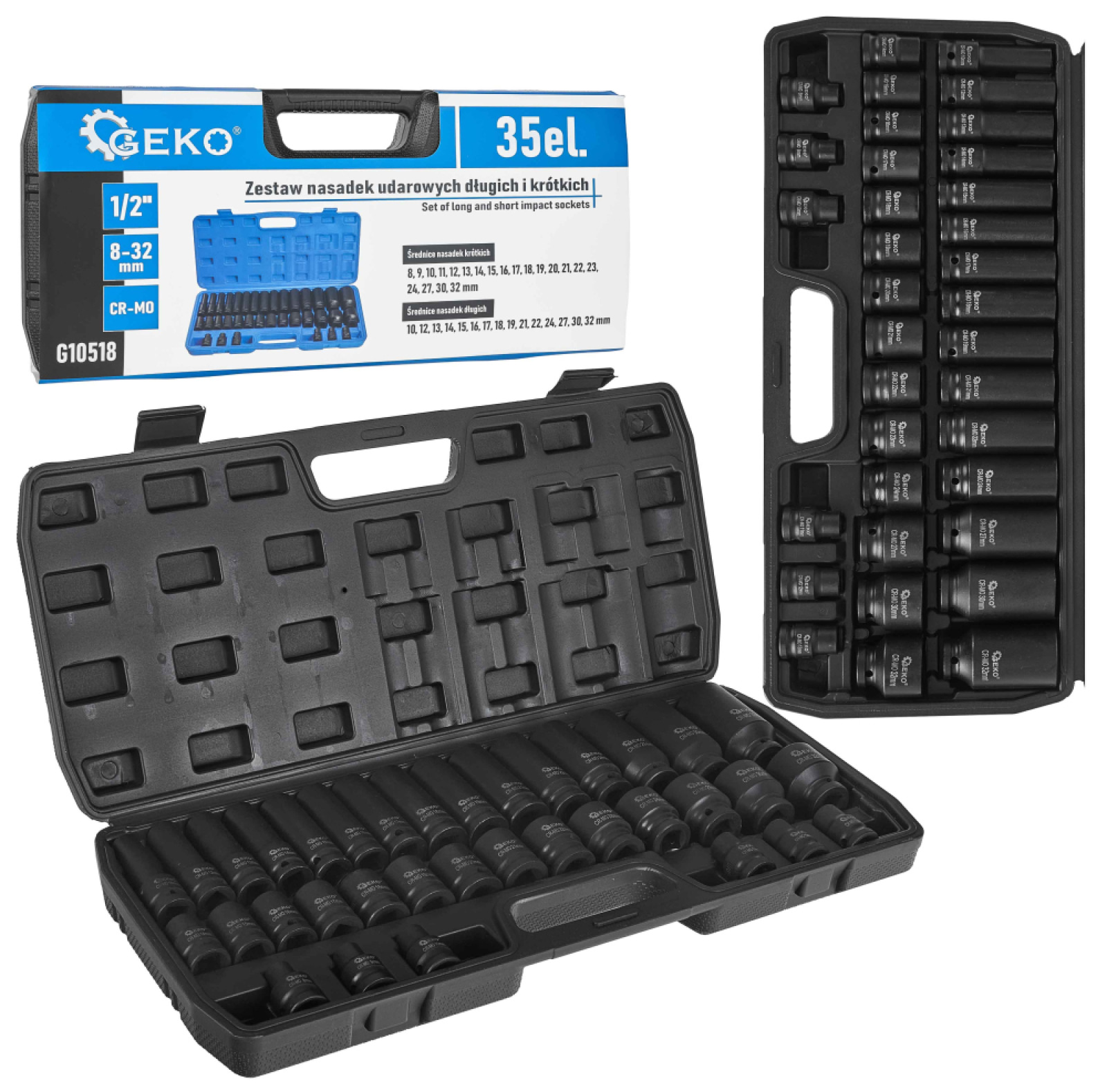 Sada 1/2" úderových hlavíc dlhých i krátkych 8-32 mm, 35-dielna sada v kazete, GEKO