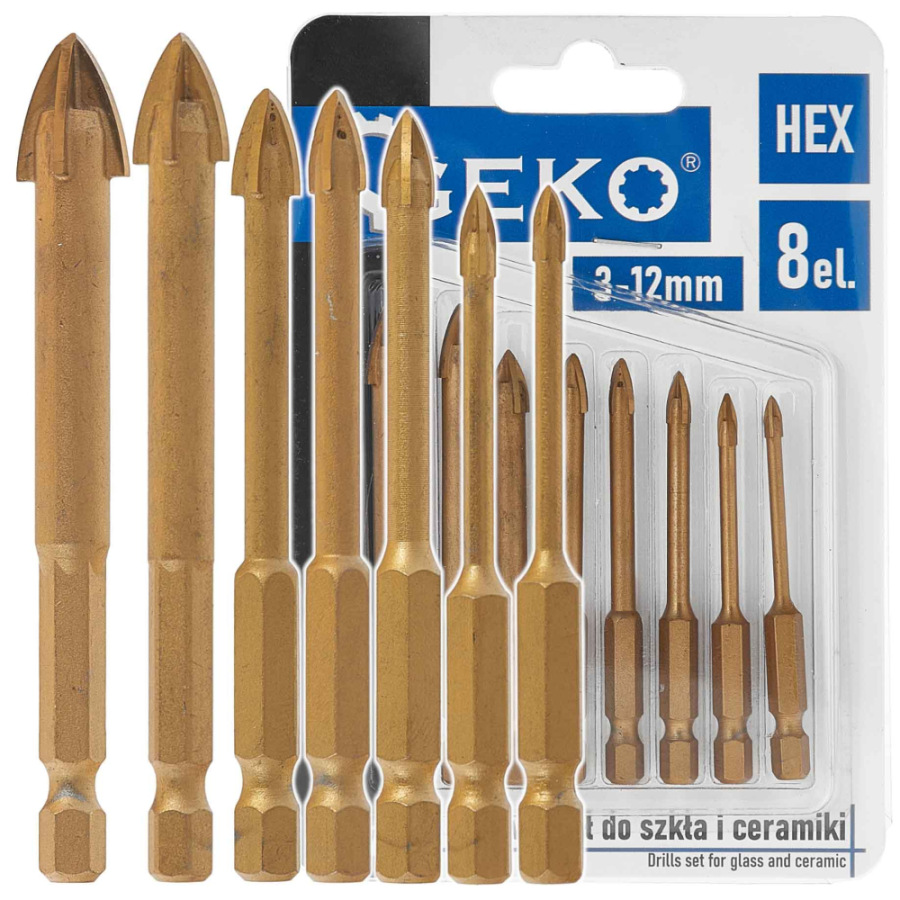 Sada vrtákov do skla a keramiky, 7-dielna, 3-12 mm, 4-brité, stopka 6 HRAN, GEKO