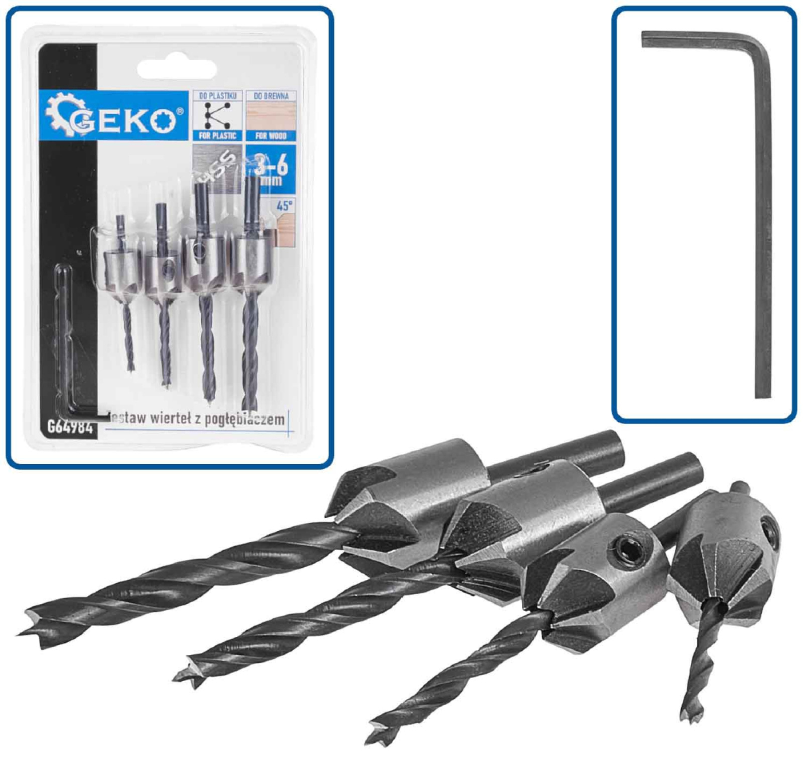 Sada záhlbnikov do dreva s vrtákmi 4-dielna, upínanie valcová stopka, GEKO