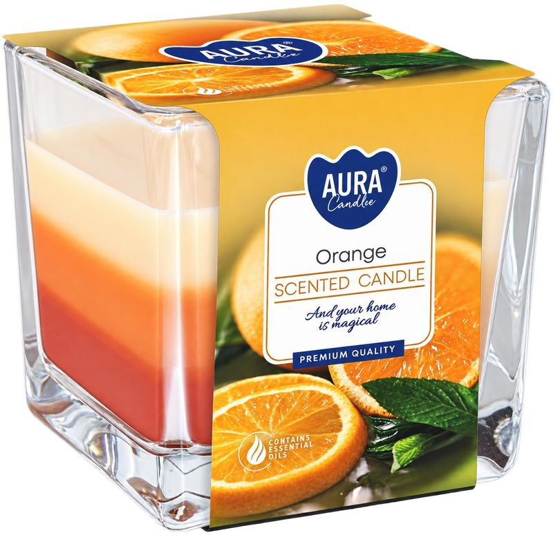 Sviečka AURA, v skle, trojfarebná, Pomaranč, 32h, 170g
