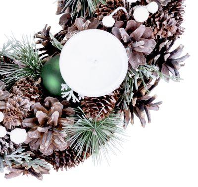 Veniec MagicHome Vianoce, prírodný, adventný, so zelenými guľami, 34 cm