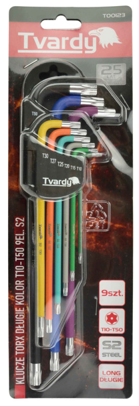 Sada TORX farebných predĺžených kľúčov T10-T50, 9-dielna, S2, TVARDY 3