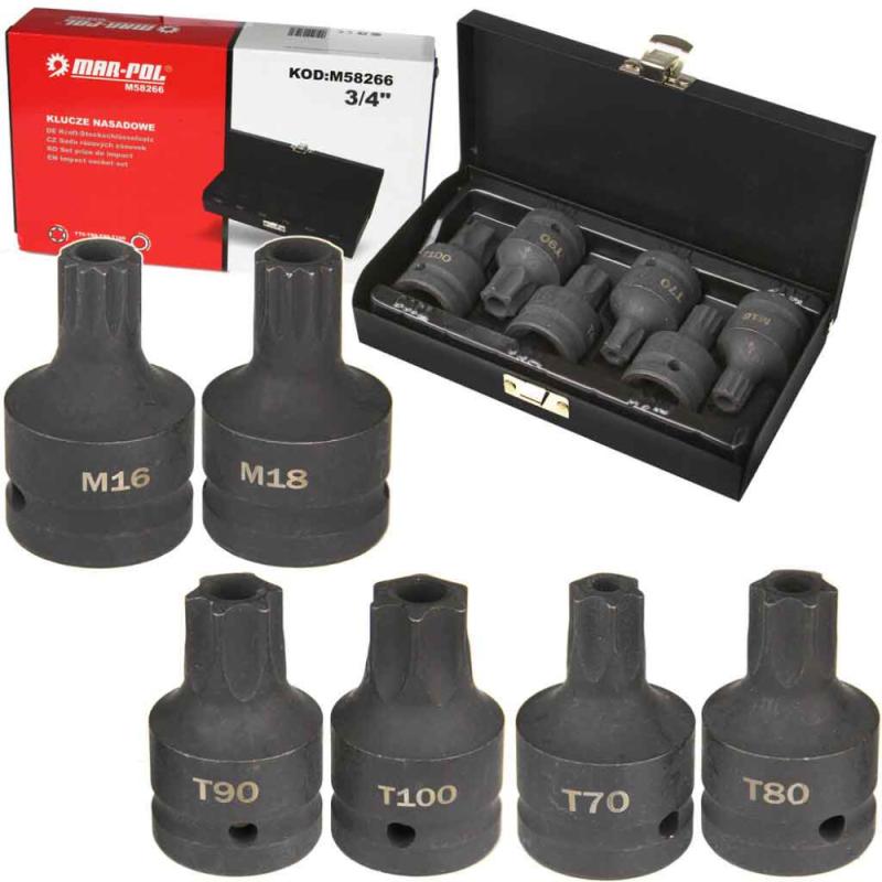 Sada úderových hlavíc TORX + SPLINE 3/4" T70, T80, T90, T100, M16, M18, 6-dielna, MAR-POL 4