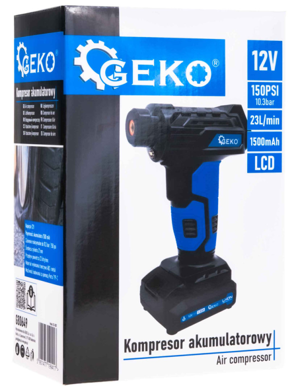 Akumulátorový kompresor 0,2-10,3 Bar, 12V, 1,5Ah batéria, 23l/min, LCD display, GEKO 3