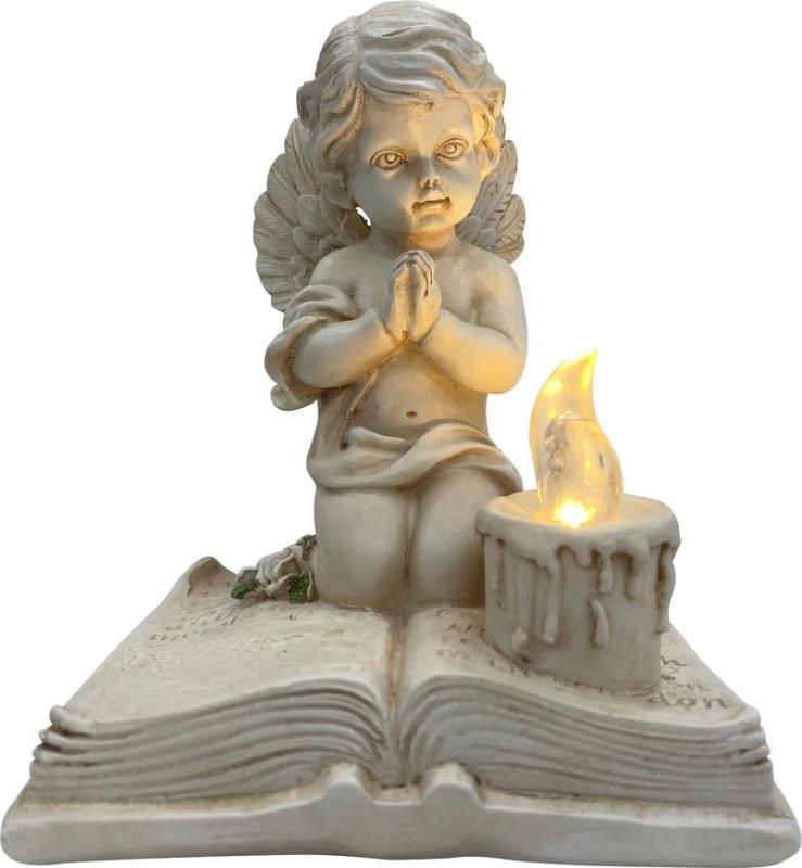 Dekorácia MagicHome, Modliaci anjelik na knihe, LED, polyresin, na hrob, 11,5x7,5x13,5 cm
