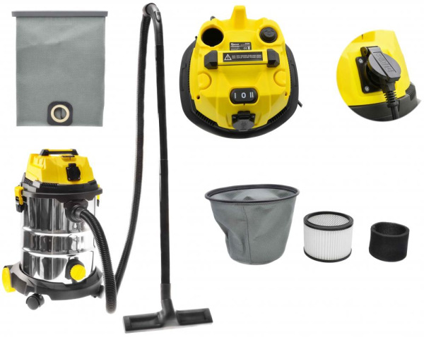 Vysávač priemyselný na sucho a na mokro 25l, so zásuvkou, s oklepom, 1800W, GEKO