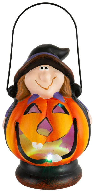 Dekorácia MagicHome Nature, Lampášik tekvica LED, s čarodejníkom, keramika, 15 cm