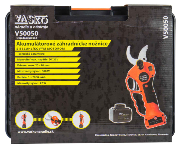 Akumulátorové záhradnícke nožnice,1x batéria 2Ah, 25V, 1x nabíjačka, max. rez 40mm VASKO 7