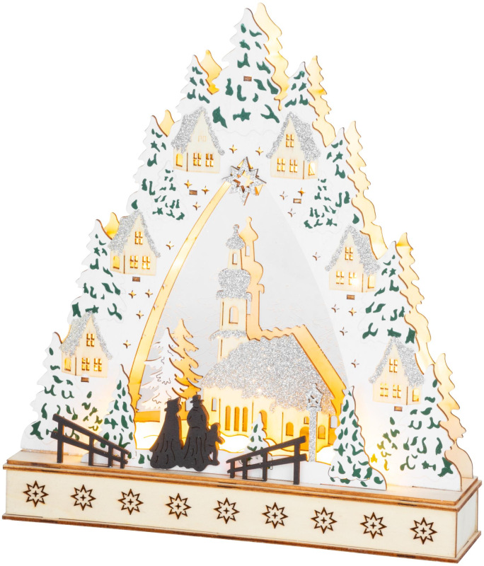 Dekorácia MagicHome Vianoce, Dedinka s kostolom, LED, MDF, 30x7x33,5 cm, 2x AAA