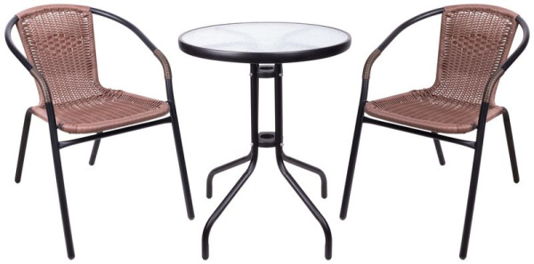 Set balkónový ALESIA, hnedý, stôl 70x60 cm, 2x stolička 52x55x73 cm, oceľ