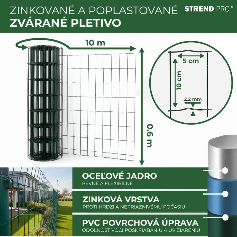 Pletivo EUROPLAST 1, 600/100x50/2,20 mm, zelené, RAL 6005, Zn+PVC, ohradové, bal. 10 m 2