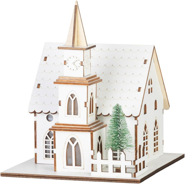 Dekorácia MagicHome Vianoce, kostol, drevo, 6xLED teplá biela, 15x17x18.5 cm, 2xAAA 1