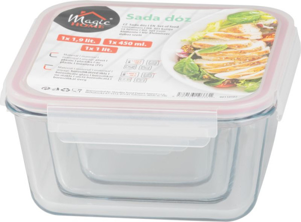 Dóza MagicHome, sada 3 ks, sklenená, sklo, štvorcová, s vekom, 450/1000/1900 ml 3