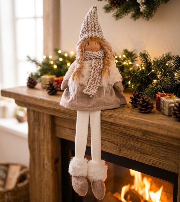 Postavička MagicHome Vianoce, Dievčatko s vysokým klobúkom, látkové, hnedo-biele, sediace, 17x12x54 1