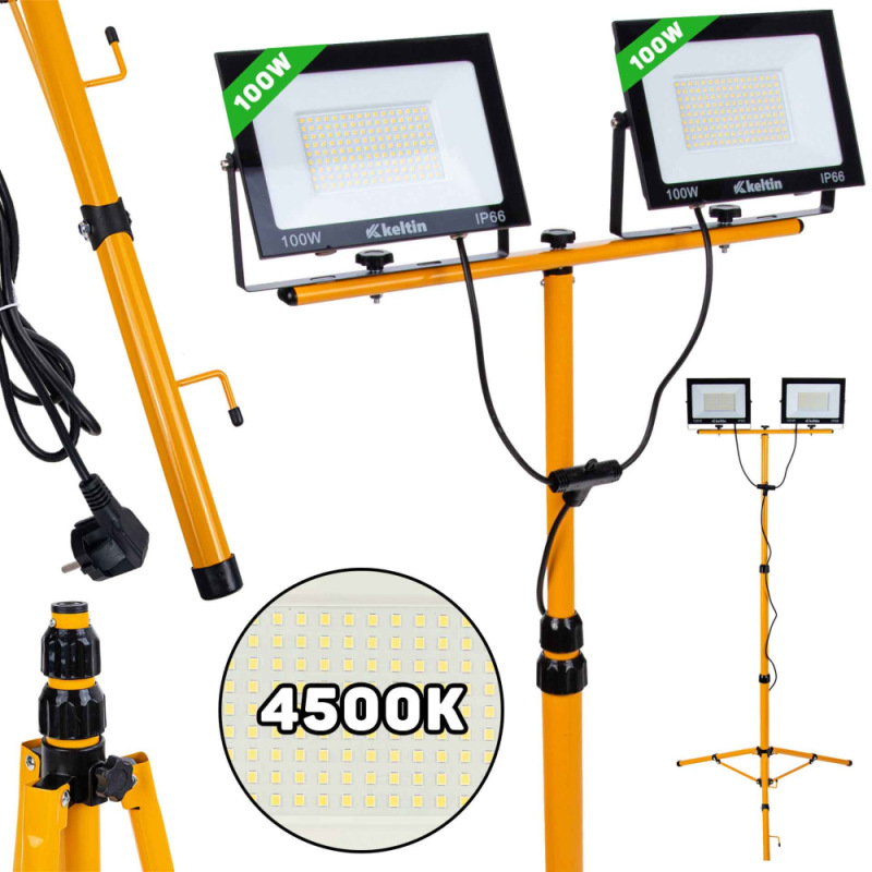 LED reflektor 2x100W s teleskopickým stojanom, neutrálna biela 6500K, KELTIN