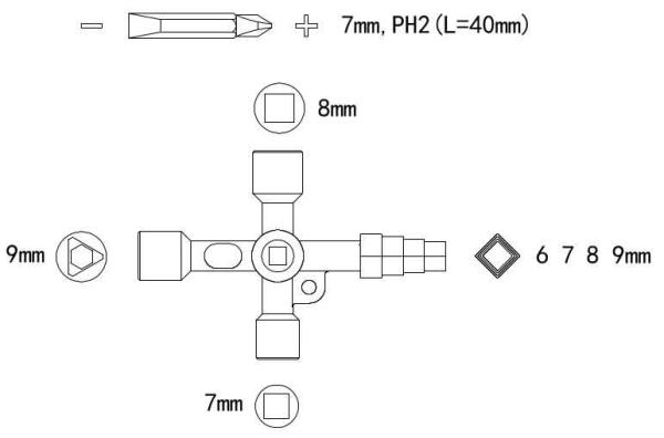 Kľúč univerzálny na rozvádzacie skrinky 60 x 86 mm, 4 rôzne koncovky, kovový, XL-TOOLS