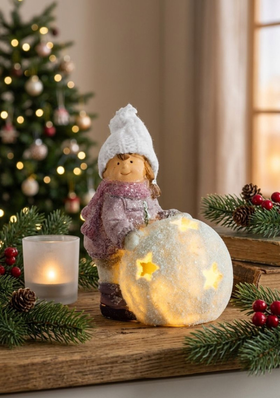 Postavička MagicHome Vianoce, Dievčatko s guľou LED, terakota, 13x9x15 cm 1