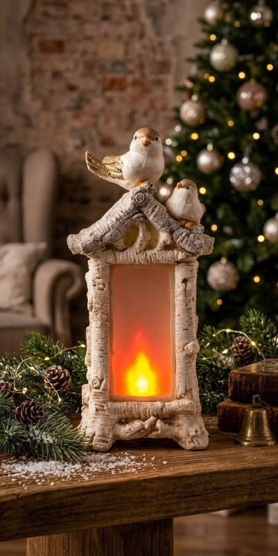 Dekorácia MagicHome Vianoce, Vtáci na kozube, 12 LED, 3xAAA, keramika, 21x15x44 cm 1