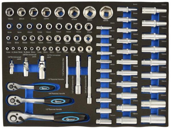Sada hlavíc s račňami 1/4" 3/8" 1/2", 80-dielna, rozmer 51 x 39 cm, GEKO