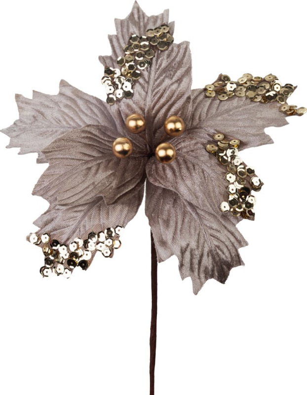 Kvet MagicHome Vianoce, poinsettia, s guľkami, strieborný, 18 cm, veľkosť kvetu: 20 cm