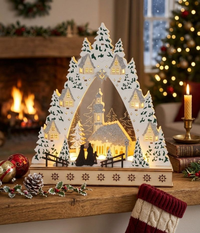 Dekorácia MagicHome Vianoce, Dedinka s kostolom, LED, MDF, 30x7x33,5 cm, 2x AAA 1