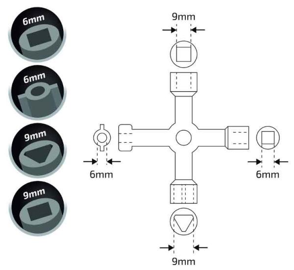 Kľúč univerzálny na rozvádzacie skrinky 70 x 70, 4 rôzne koncovky, kovový, XL-TOOLS