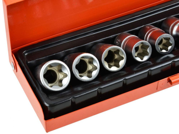 Sada hlavíc 9-dielna, 1/2" TORX E10, E11, E12, E14, E16, E18, E20, E22, E24 v kazete, GEKO 3