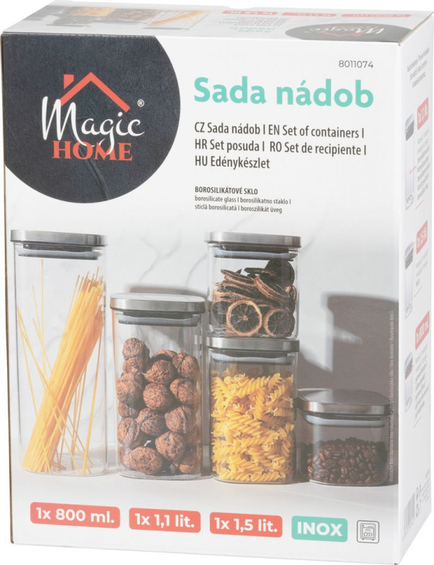 Nádoba MagicHome, sada 3 ks, 800/1100/1500 ml, sklenená, s nerezovým uzáverom 1