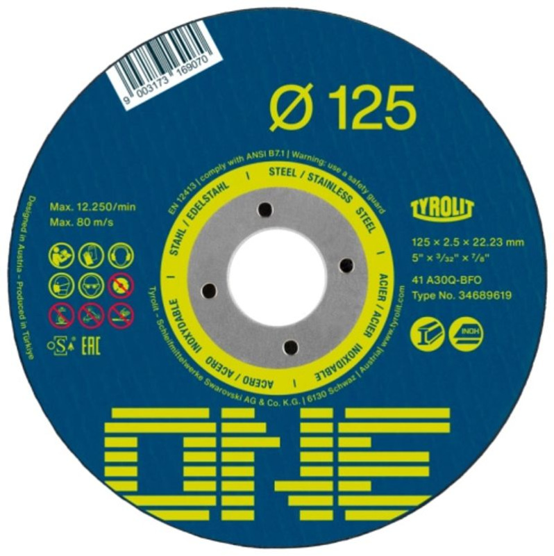 Kotúč Tyrolit ONE 125x1,0x22,23mm, A60Q-BFO, 2v1, oceľ/nerez, rovný