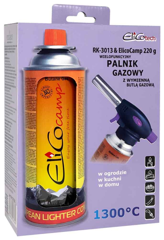 Spájkovacia lampa s piezo zapaľovačom a kartušou 220g, otočný uzáver, ELICO 2