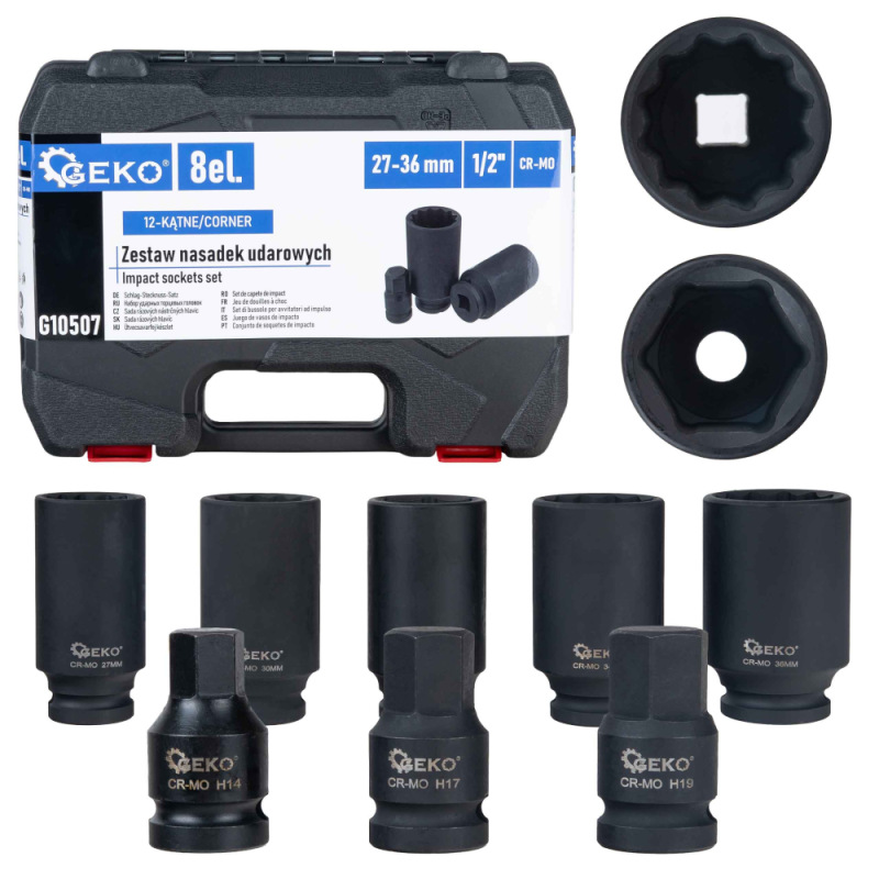 Sada 1/2" úderových hlavíc 12HRAN 27-36 mm a 6HRAN H14-H19 v kazete, GEKO