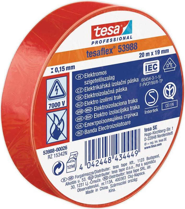 Páska tesa® PRO tesaflex®, elektroizolačná, lepiaca, sPVC, 19 mm, červená, L-20 m