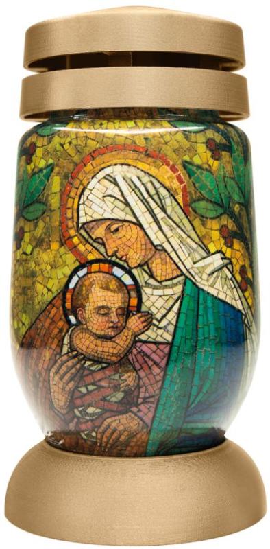 Kahanec Bolsius S03 3D Mária s Ježišom, vitráž, 22 cm, na hrob, s náplňou 36 h