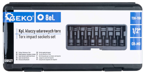 Sada úderových TORX hlavíc 1/2", T30 - T80, 8-dielna, GEKO 5
