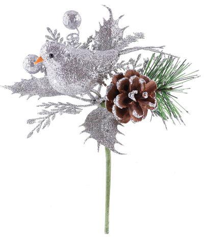 Vetvička MagicHome Vianoce, s vtáčikom, strieborná 17 cm