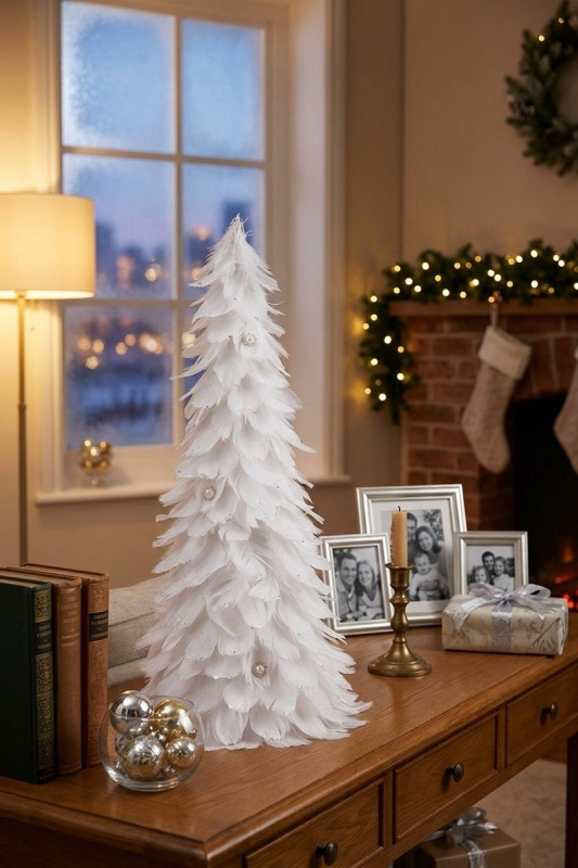 Dekorácia MagicHome Vianoce, Stromček z páperia, biely, 22x46 cm 1