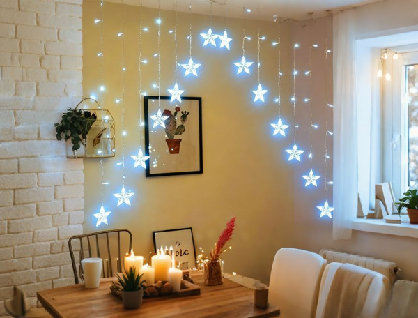 Reťaz MagicHome Vianoce, časovač, záclona, hviezdy, 142xLED, studená biela, 8 funkcií, 3 m, IP44 2