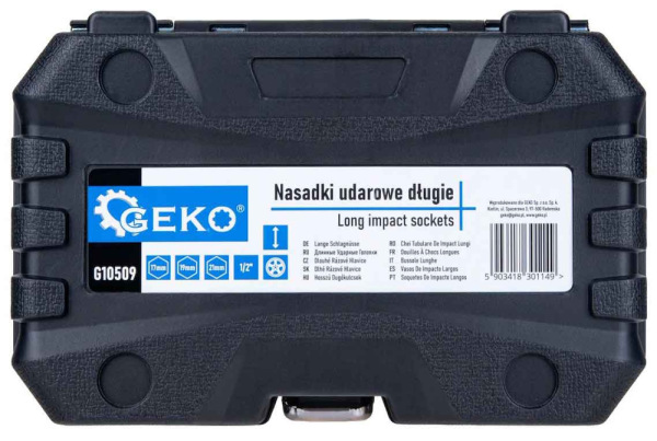 Sada 1/2" predĺžených úderových hlavíc 17, 19, 21 mm v kazete, GEKO 2