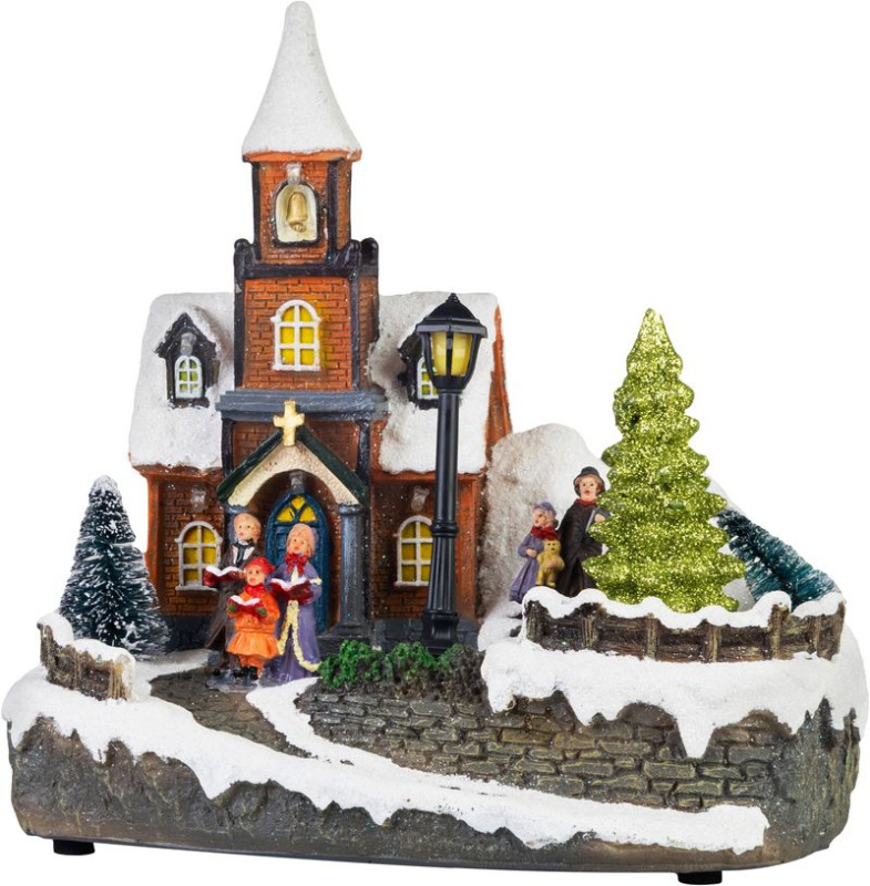Dekorácia MagicHome Vianoce, kostol, plast, 1xLED teplá biela, 21x14.5x20.8 cm, 3xAA 1