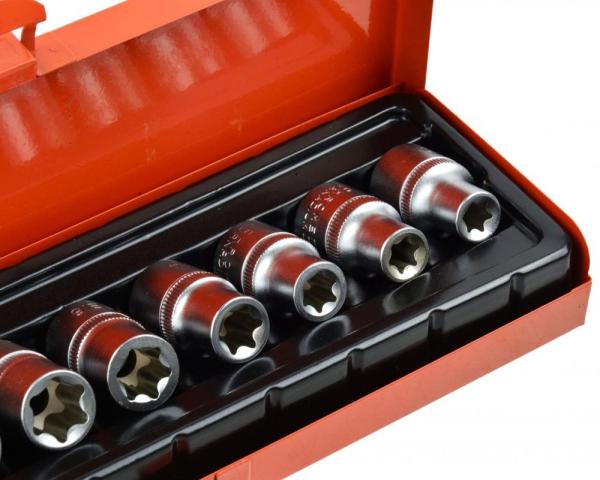 Sada hlavíc 9-dielna, 1/2" TORX E10, E11, E12, E14, E16, E18, E20, E22, E24 v kazete, GEKO 2