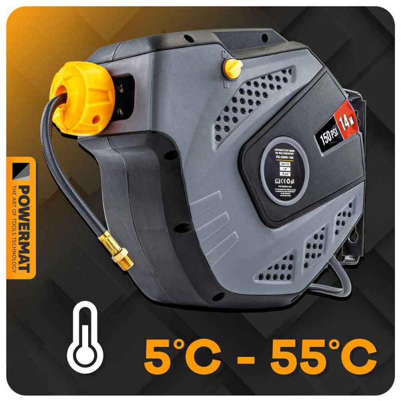 Navíjací bubon s držiakom na stenu s hadicou na vzduch, 6,5 x 10 mm, dĺžka 14 m, POWERMAT 3