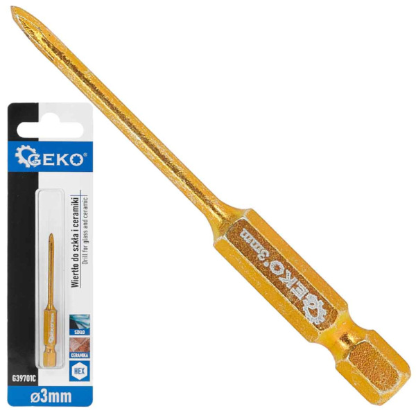 Vrták do skla a keramiky 3 mm, 4-britý, stopka 1/4", GEKO