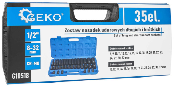 Sada 1/2" úderových hlavíc dlhých i krátkych 8-32 mm, 35-dielna sada v kazete, GEKO 7