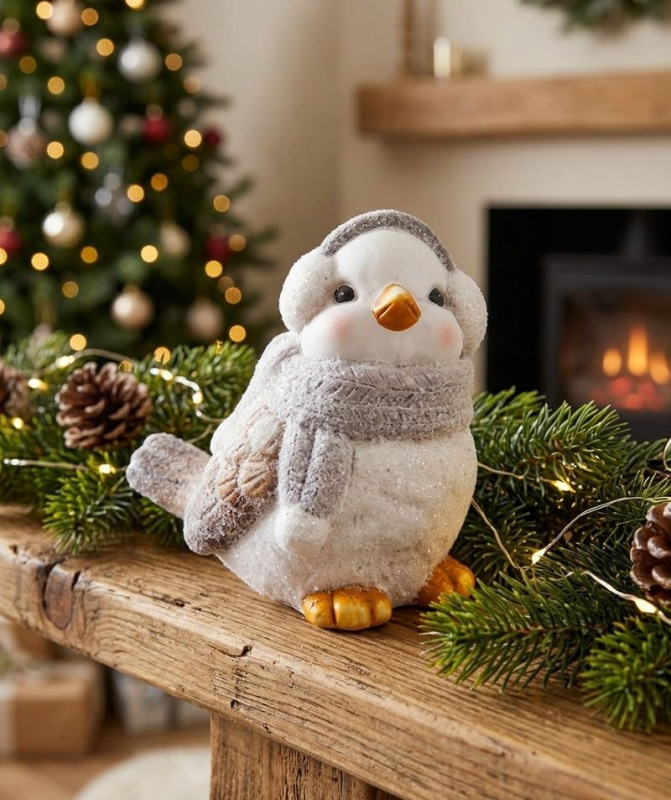 Dekorácia MagicHome Vianoce, Vtáčik samček, sivý šál, terakota, 13,80x9x12,80 cm 1