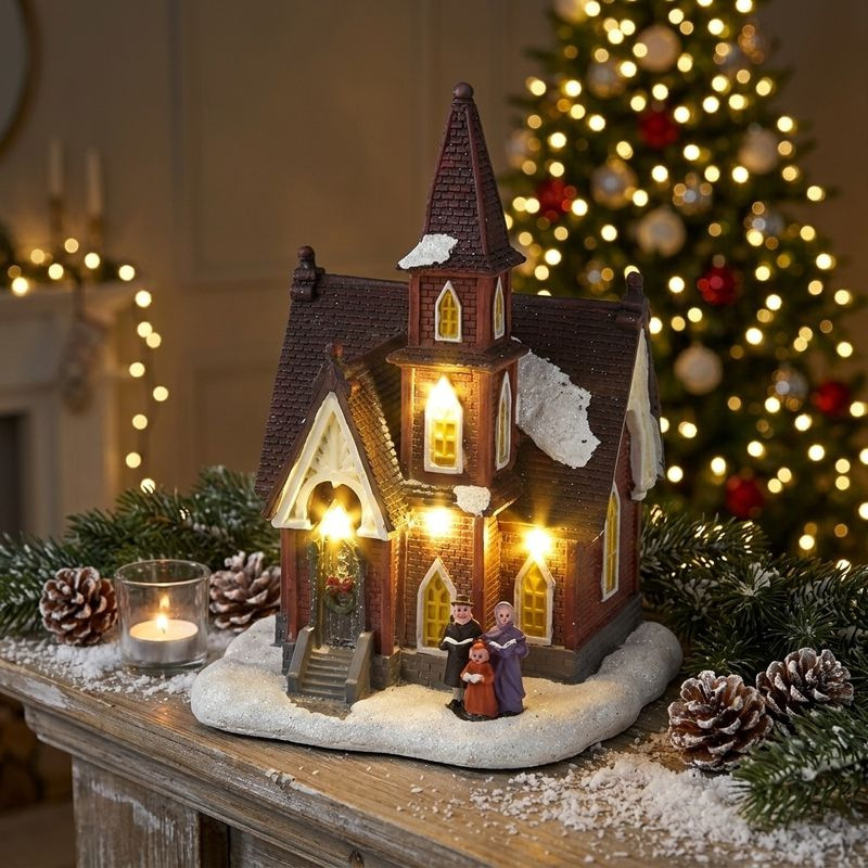 Dekorácia MagicHome Vianoce, Kostol, 4 LED teplá biela, 3xAA, interiér, 12,50x12,30x18 cm 1