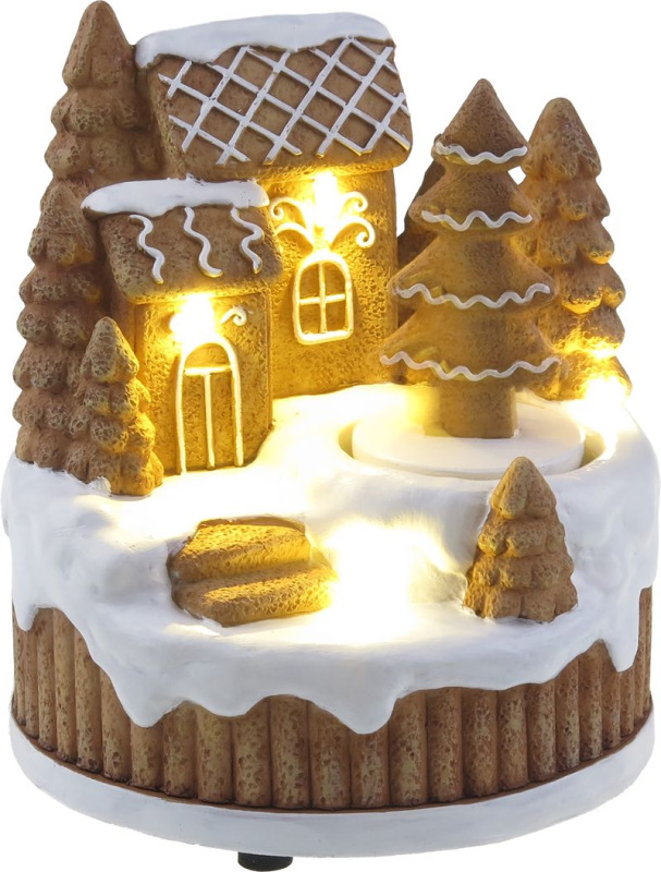 Dekorácia MagicHome Vianoce, Perníkový domček, otočný strom, LED, 3xAA, 13x12,6x14,5 cm