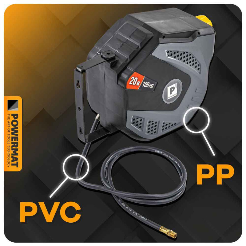 Navíjací bubon s držiakom na stenu s hadicou na vzduch, 8 x 12 mm, dĺžka 20 m, POWERMAT 5