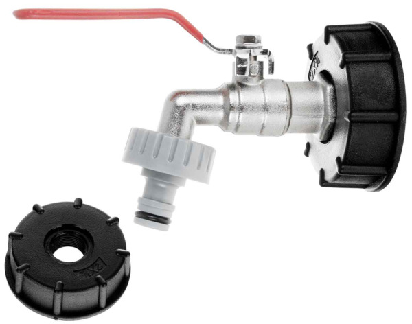 Guľový ventil 3/4" pre IBC kontajner 1000 l, závit 1", výstup na 1/2" rýchlospojku, GEKO 1