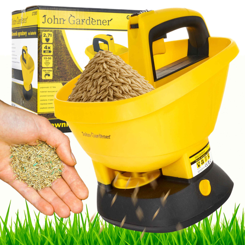 Akumulátorové rozmetadlo trávnikového semena a hnojív, objem 2,7 litra, GEKO